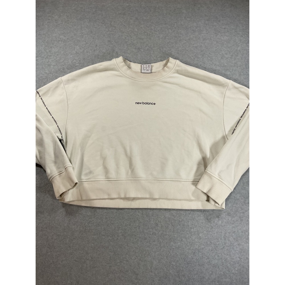 New Balance Women Cream Cropped Sweatshirt Logo Tape Sleeve Pullover Medium 2385 - Picture 1 of 8